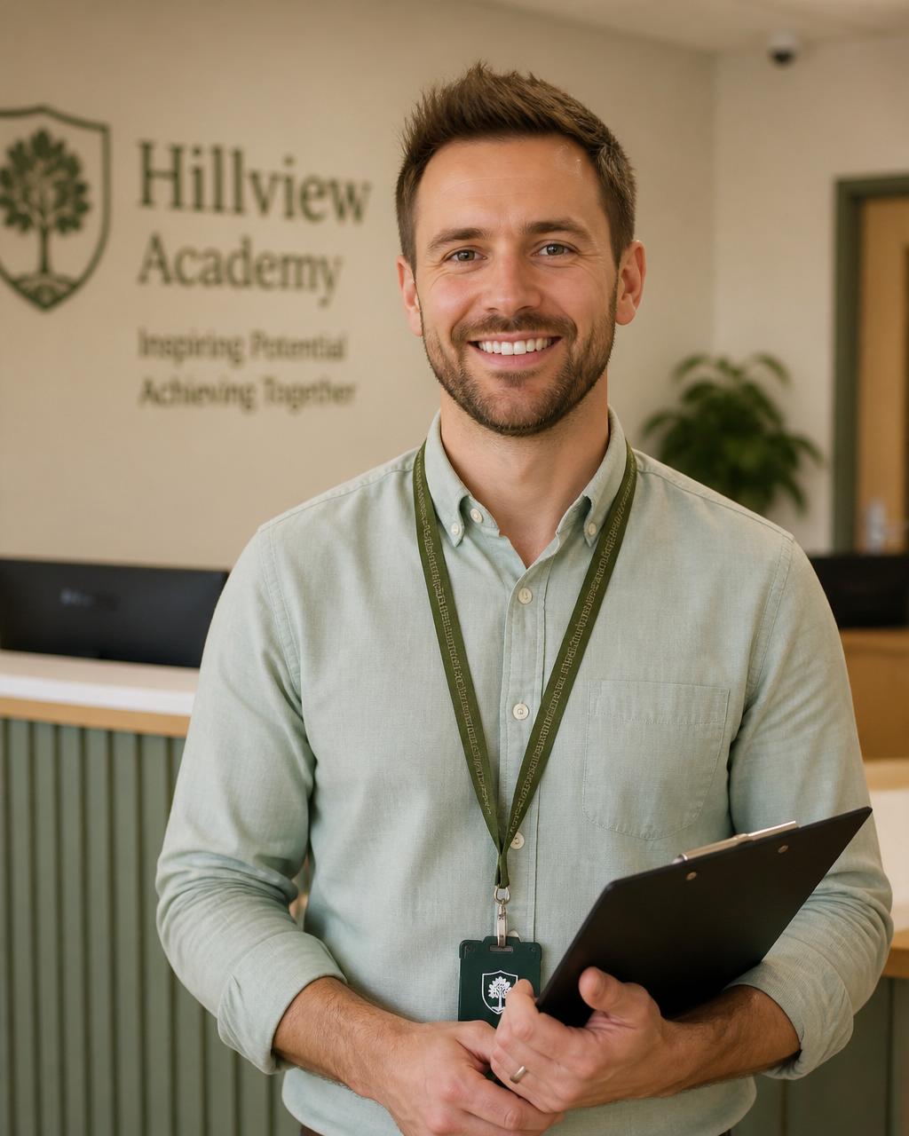 Smiling school support staff member in a classroom setting